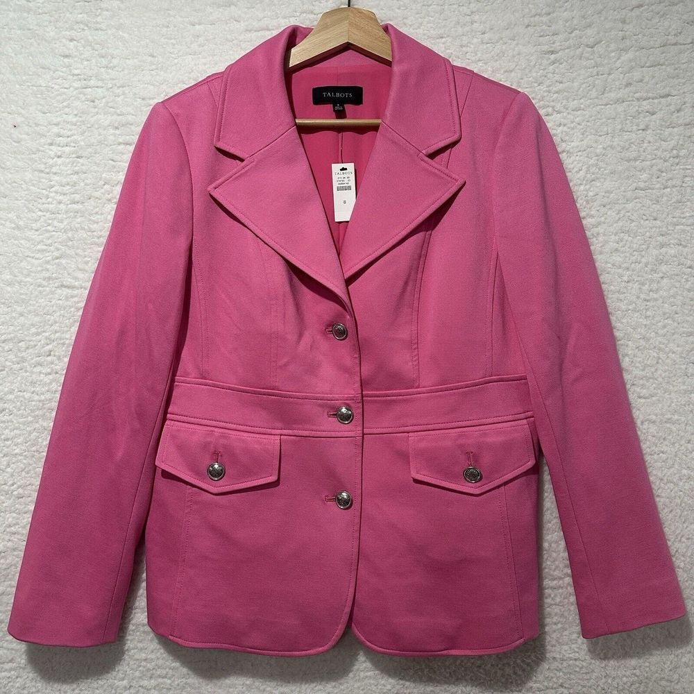 Talbots Pink Double‎ Knit Twill BLAZER Silver Buttons Flap Pockets Size 8 NWT